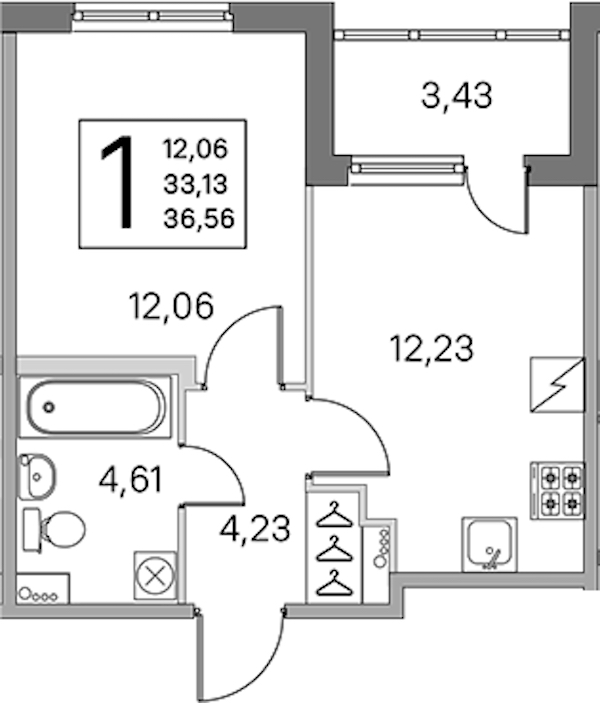 1-комнатная квартира 33.13 м², 2/5 эт., ЖК «ЮгТаун. Олимпийские кварталы»